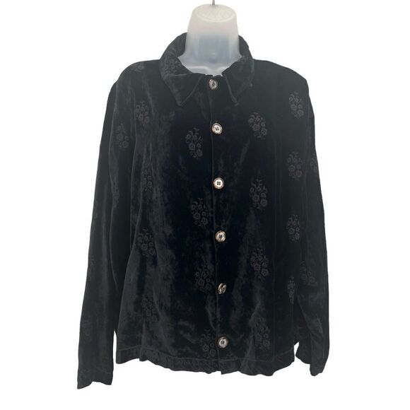 CP Shades Crushed Velvet Rayon Button Down Sz Medium Black Embroidered Top Boho - Picture 3 of 16